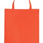 A bright orange, square-shaped tote bag with two handles, laid flat against a white background.