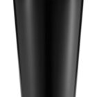 A sleek black travel mug with a shiny silver rim at the top. The mug has a smooth surface and a modern design, ideal for holding beverages.