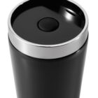 A sleek black travel mug with a shiny, silver rim and a smooth black lid featuring a central button. The lid appears sealed, designed for easy sipping and portability. The mug has a minimalist and modern design.