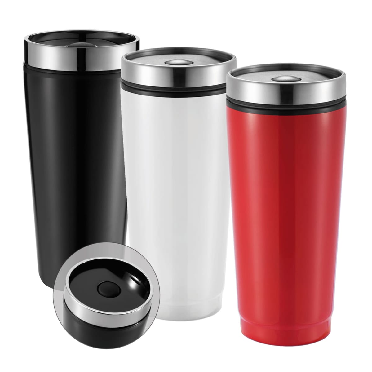 Three travel mugs in black, white, and red are lined up, each with a sleek design and a stainless steel rim. A separate close-up of an open black lid is shown in the foreground.