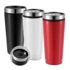 Three stainless steel travel mugs in black, white, and red, with silver lids, are standing upright. A black lid is shown separately in the bottom left for detail.