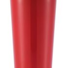 A tall red travel mug with a stainless steel rim and a black lid. The mug has a sleek, cylindrical design with a slightly narrower base.