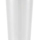 A sleek, white stainless steel travel mug with a black band near the top and a metallic lid. The mug stands upright against a plain white background, showcasing its modern and minimalist design.