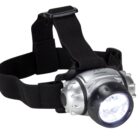 A silver and black headlamp with bright LED lights. It has an adjustable black strap for wearing on the head. The body of the lamp is metallic with a rugged design.