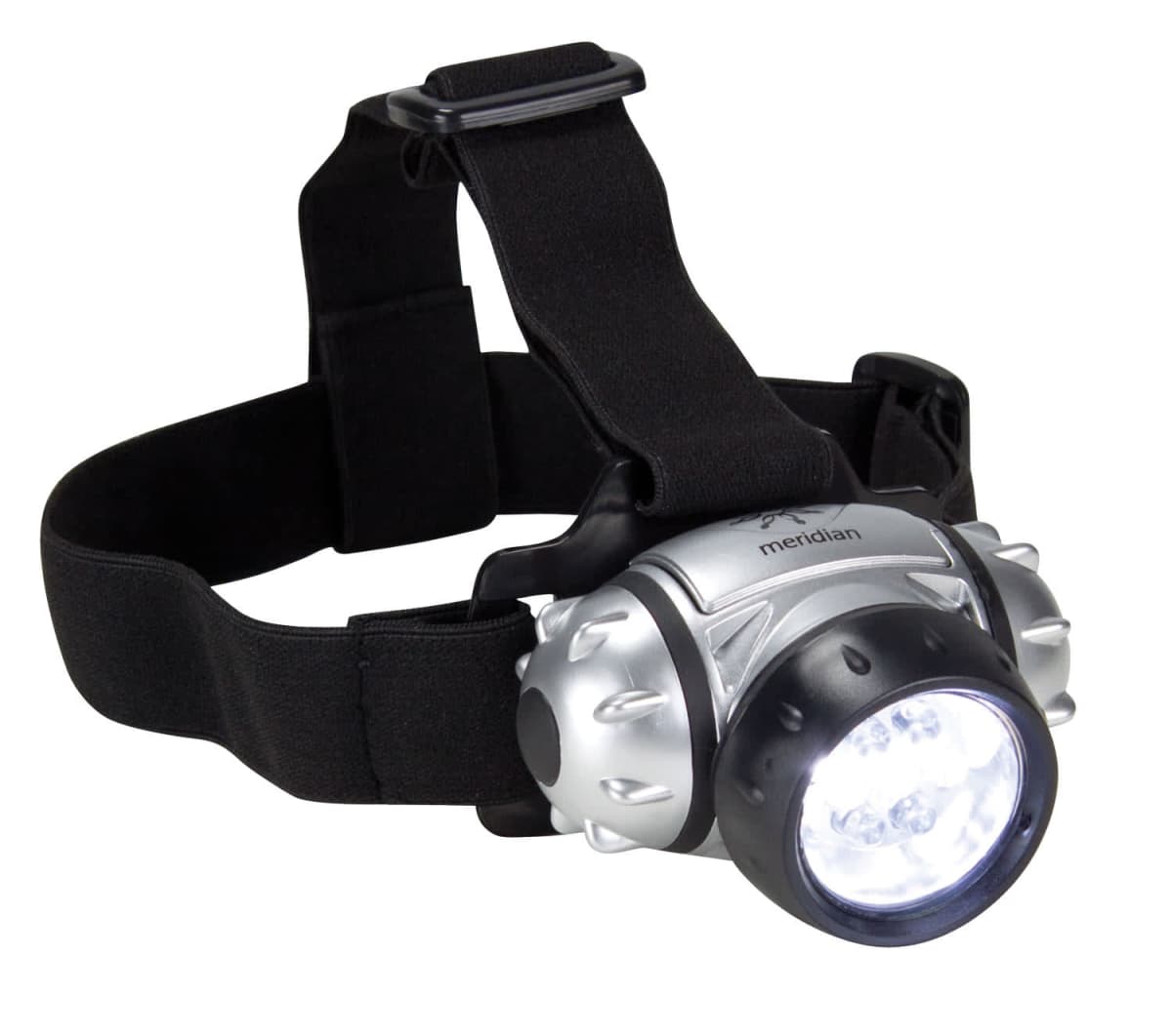 A silver and black headlamp with bright LED lights. It has an adjustable black strap for wearing on the head. The body of the lamp is metallic with a rugged design.