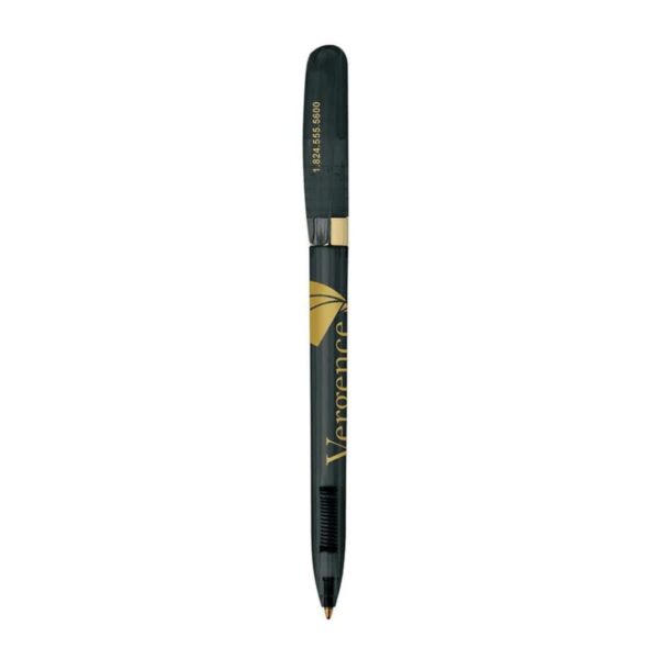 Black and gold pen with a cap and pocket clip.