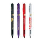 Four colorful branded pens with text on their barrels.