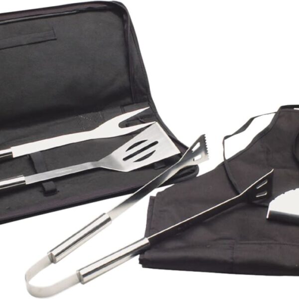 A barbecue tool set includes a spatula and fork with stainless steel handles, displayed on a black apron. A black carrying case is open beside the tools.