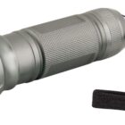 A silver, textured metal flashlight with a black wrist strap attached to the end. The flashlight is shown at an angle against a white background.