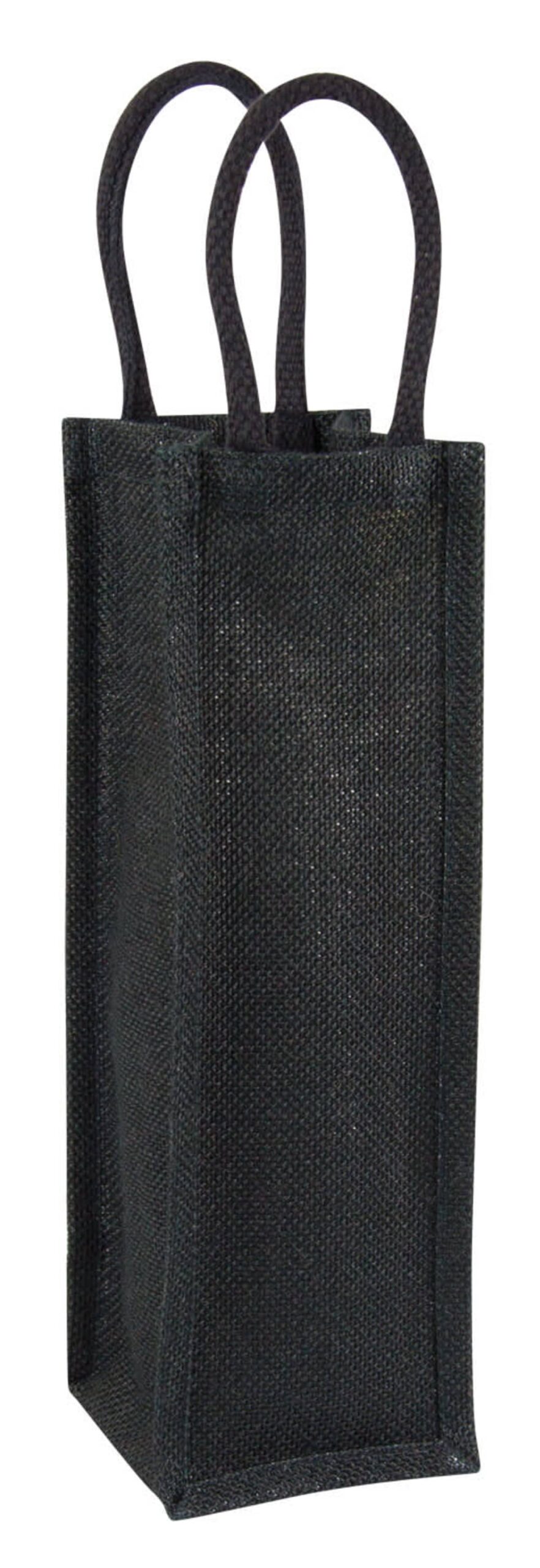 A black, tall reusable jute wine bag with two sturdy handles. The bag has a rectangular shape and a textured finish, designed to hold a single bottle securely.