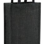 A tall, black, rectangular jute bag with two sturdy, woven handles. Its simple design is accentuated by a textured fabric, giving it a natural, eco-friendly appearance.
