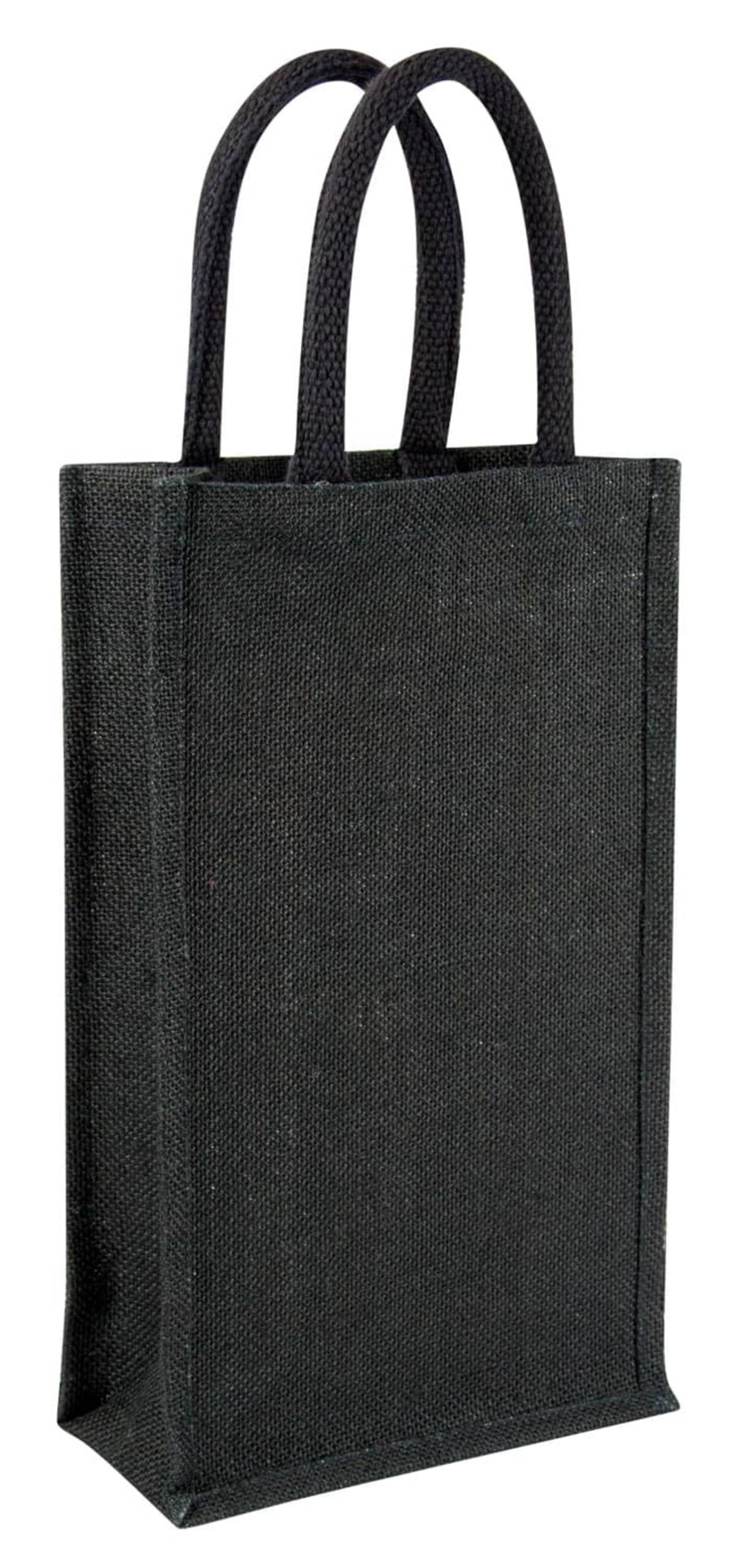 A tall, black, rectangular jute bag with two sturdy, woven handles. Its simple design is accentuated by a textured fabric, giving it a natural, eco-friendly appearance.