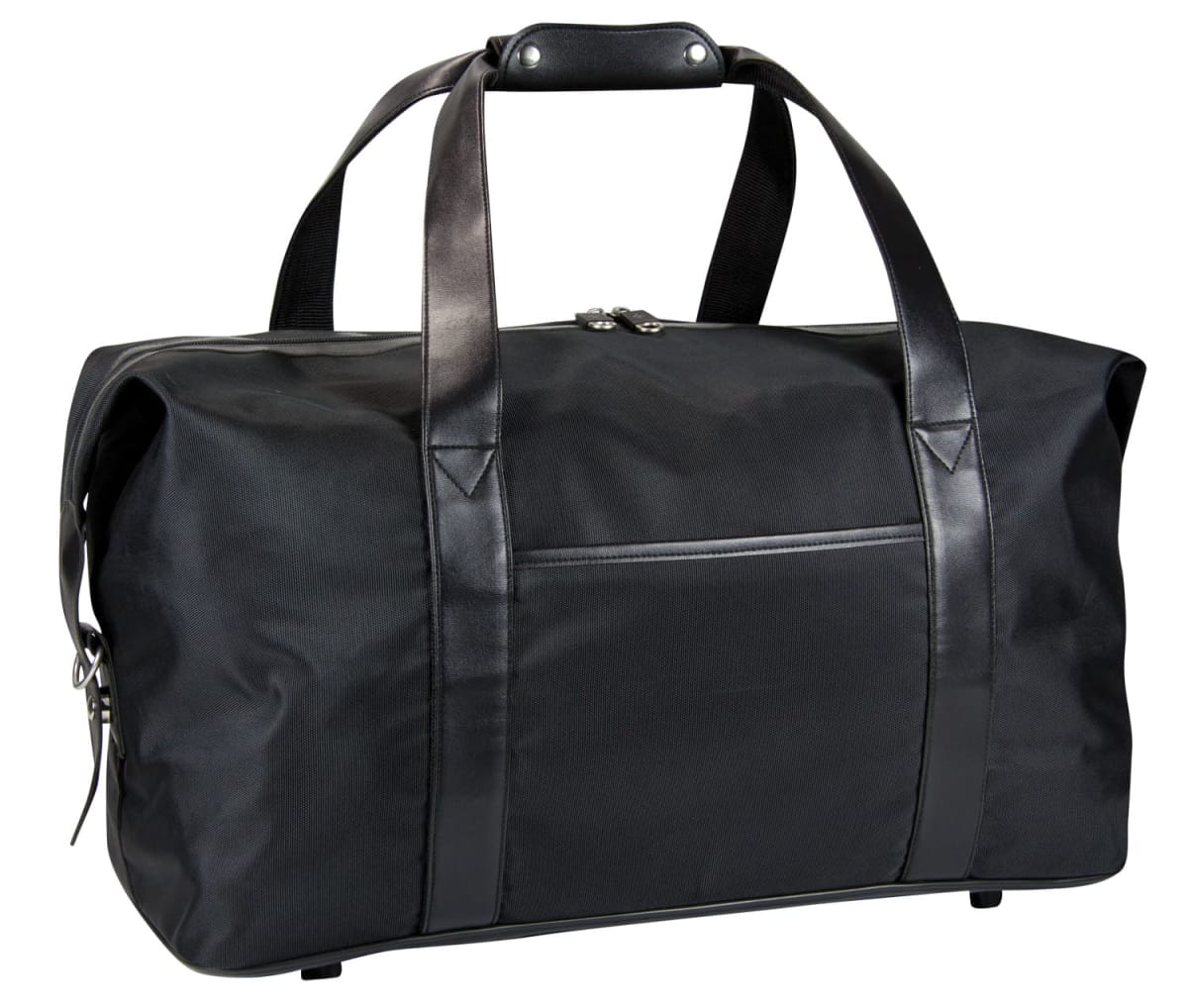 A black duffel bag with sturdy leather handles and trim is shown. It features a smooth design with a front pocket and a secure zip closure on top.