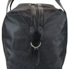 A black leather duffel bag with a sleek design, featuring a central zipper and a rounded top. The bag has sturdy handles and a silver metal ring detail on the front.