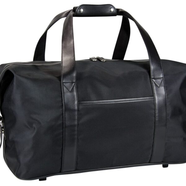 A large, black duffel bag with leather handles and trim. It features a front pocket and a zipper for closure. The bag has a structured, rectangular shape and a smooth finish.