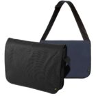 Two messenger bags are shown. One is black, and the other is dark blue. Both have a single shoulder strap and a flap closure. A small recycling symbol is present on the bottom corner of each bag.