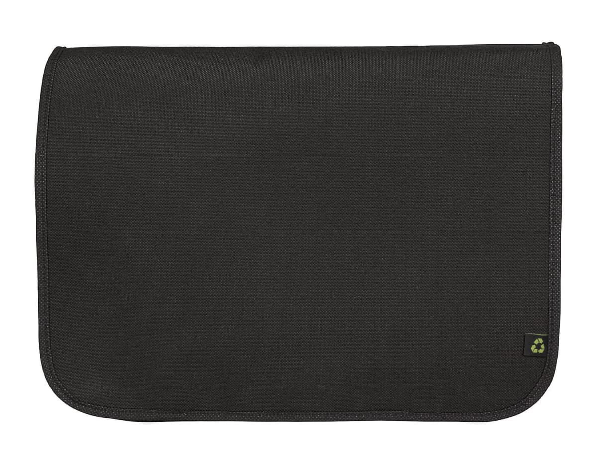 A black, rectangular fabric sleeve with a small green recycling logo in the bottom right corner. The sleeve has a flap closure and appears to be designed for carrying or protecting documents or electronic devices.