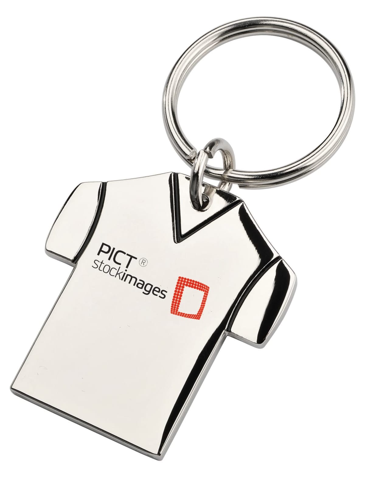 A silver keychain shaped like a t-shirt featuring a logo with the text PICT stockimages and a red square design.