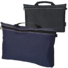 Two zippered document bags, one black and one navy blue, each with a handle. The bags are flat and rectangular, designed for carrying papers or laptops. They have black zippers with white stitching.
