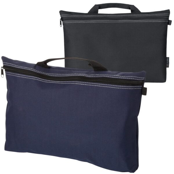 Two rectangular fabric zipper bags with handles are shown. The front bag is dark blue, and the back one is black. Both have black zippers and handles, with white stitching visible on the zipper area.