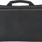 Black fabric laptop sleeve with a zipper on top, featuring a small carrying handle. A visible tag with white and red lettering is attached to the side. The sleeve has a minimalist design.