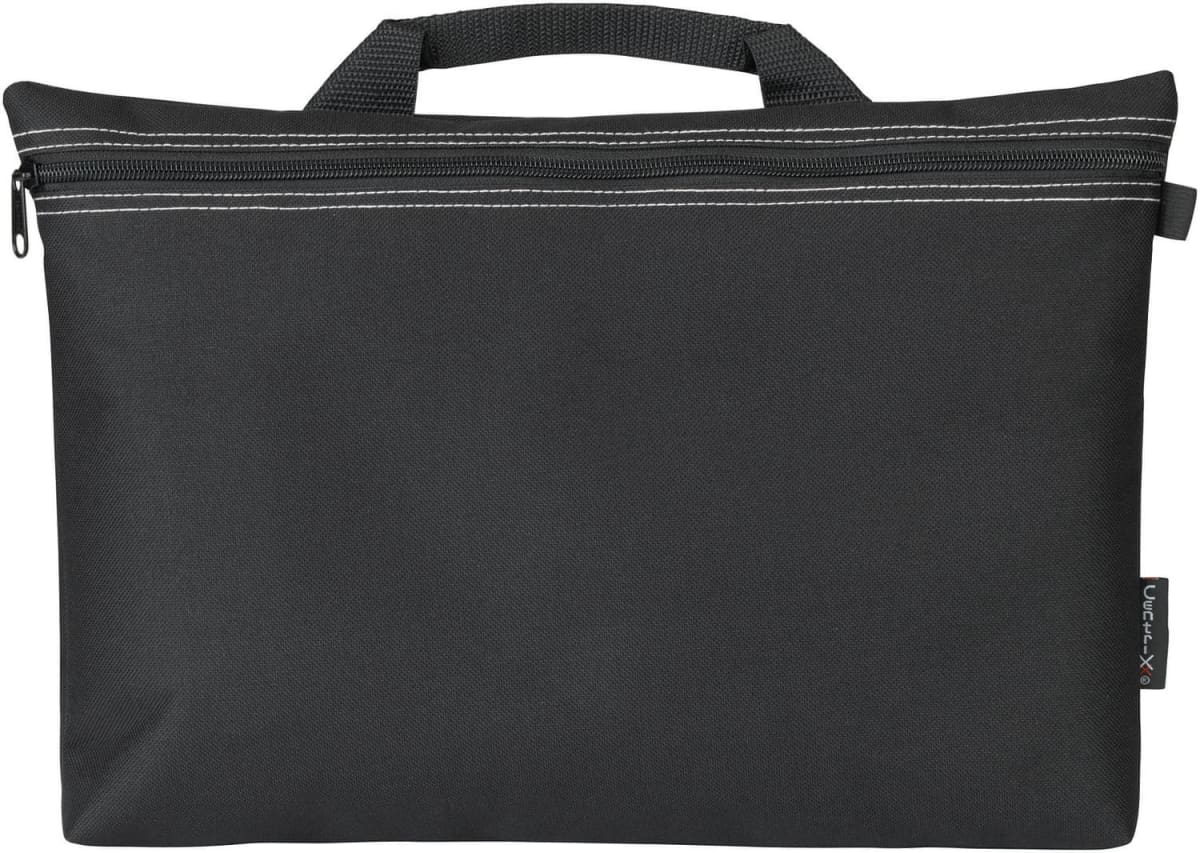 Black fabric laptop sleeve with a zipper on top, featuring a small carrying handle. A visible tag with white and red lettering is attached to the side. The sleeve has a minimalist design.