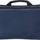 A blue zippered pouch with a black handle on top. The pouch has a black zipper and black stitching detail near the top edge. There is a small black tag on the side. The fabric appears durable and functional.