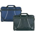 Two messenger bags are shown: one navy blue, one black, both featuring front zippered compartments with white accent lines, top handles, and adjustable shoulder straps. Theyre positioned side by side against a plain background.
