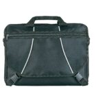 A black laptop bag with a top handle and a front flap. The design features white accent lines and two buckle closures at the bottom. There is a zippered pocket on the front for additional storage.