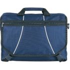 A blue and black laptop bag with a front zipper pocket and white accent lines. The bag has a handle on top and adjustable shoulder straps with plastic buckles at the bottom.