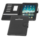 An open black leather tablet holder with card slots and a transparent ID pocket on the left side. The right side holds a tablet displaying app icons. The cover, featuring upward stream text, is partially opened in the foreground.