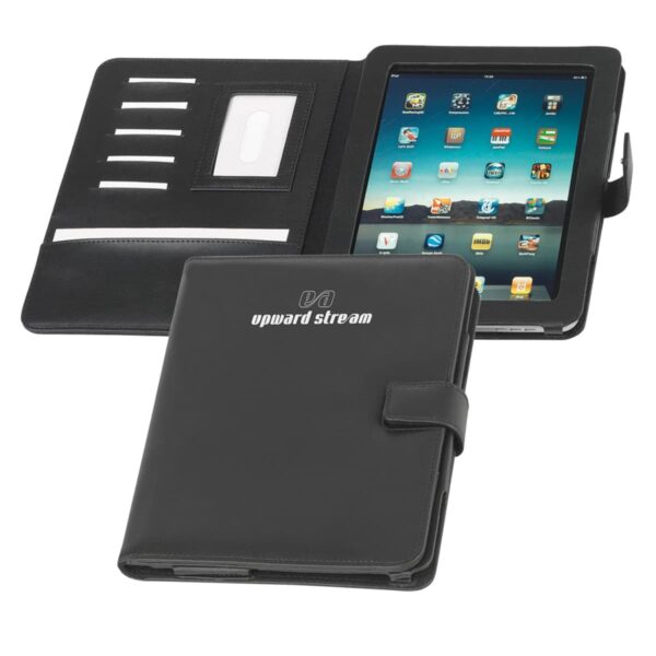Black leather iPad folio case with upward stream logo. Inside, the case holds an iPad and features slots for cards and a photo ID window. The case is shown open with the iPad and card slots visible, and closed from the front.