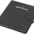 A black leather tablet case with a flap closure featuring the logo upward stream on the front. The case appears sleek and professional, designed to protect a tablet or similar device.