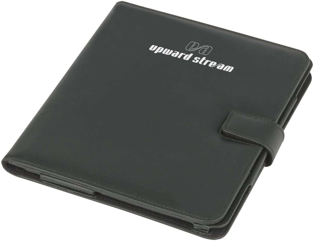 A black leather tablet case with a flap closure featuring the logo upward stream on the front. The case appears sleek and professional, designed to protect a tablet or similar device.