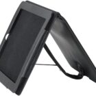 Black tablet case with a stand feature, shown propped up at an angle. The interior is dark and smooth, providing a secure enclosure for the tablet. The stand consists of a sturdy hinge and a supportive strap.