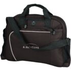 Black laptop bag with a shoulder strap, top handles, and a front zip pocket. Features a small circular logo with white text a. solutions on the front. Side mesh pockets are visible.