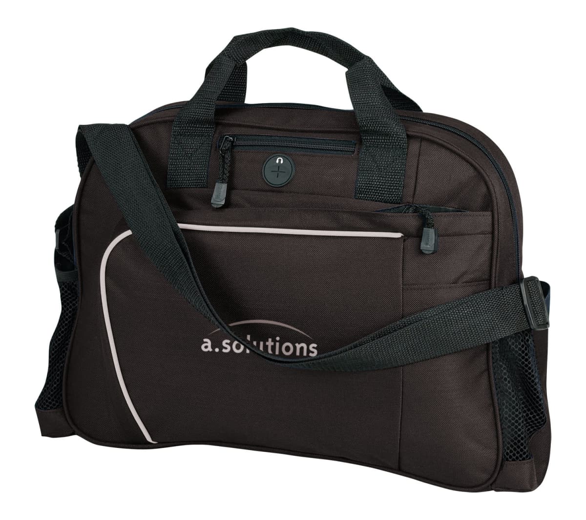 Black laptop bag with a shoulder strap, top handles, and a front zip pocket. Features a small circular logo with white text a. solutions on the front. Side mesh pockets are visible.