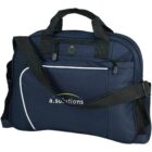 A dark blue laptop bag with black handles and a shoulder strap. It features a front pocket with a zip and the text a. solutions on it. The design includes curved white lines and a small circular detail.