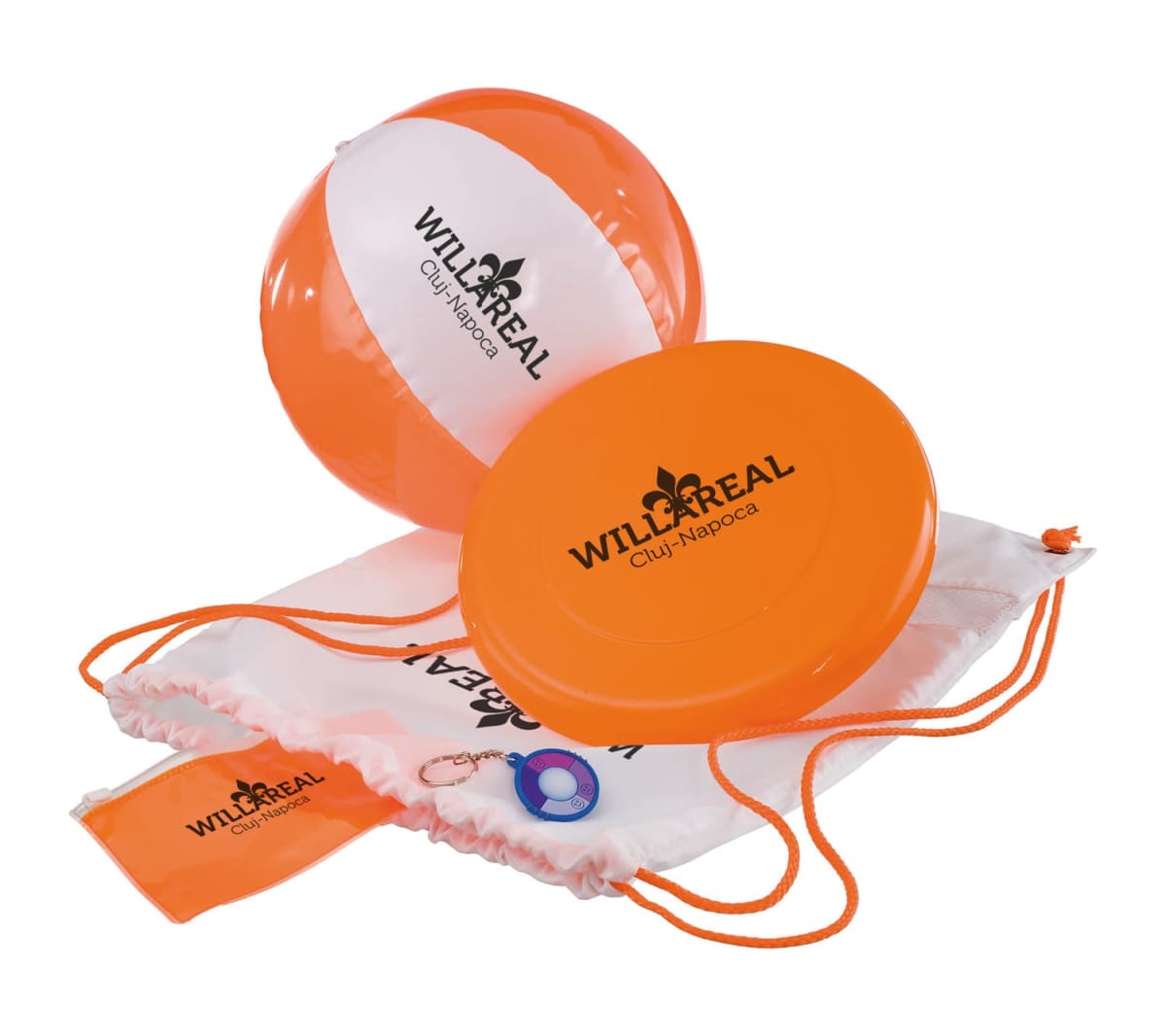 An orange and white beach ball, an orange frisbee, a white drawstring bag with orange straps, and an orange pouch are displayed. All items are branded with Wild Real Cluj-Napoca. A small keychain with a round blue and white disc is also included.
