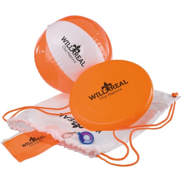 An orange and white inflatable beach ball, an orange flying disc, a white drawstring bag with orange strings, and a branded bottle opener keychain, all featuring the Will Real Cluj-Napoca logo.