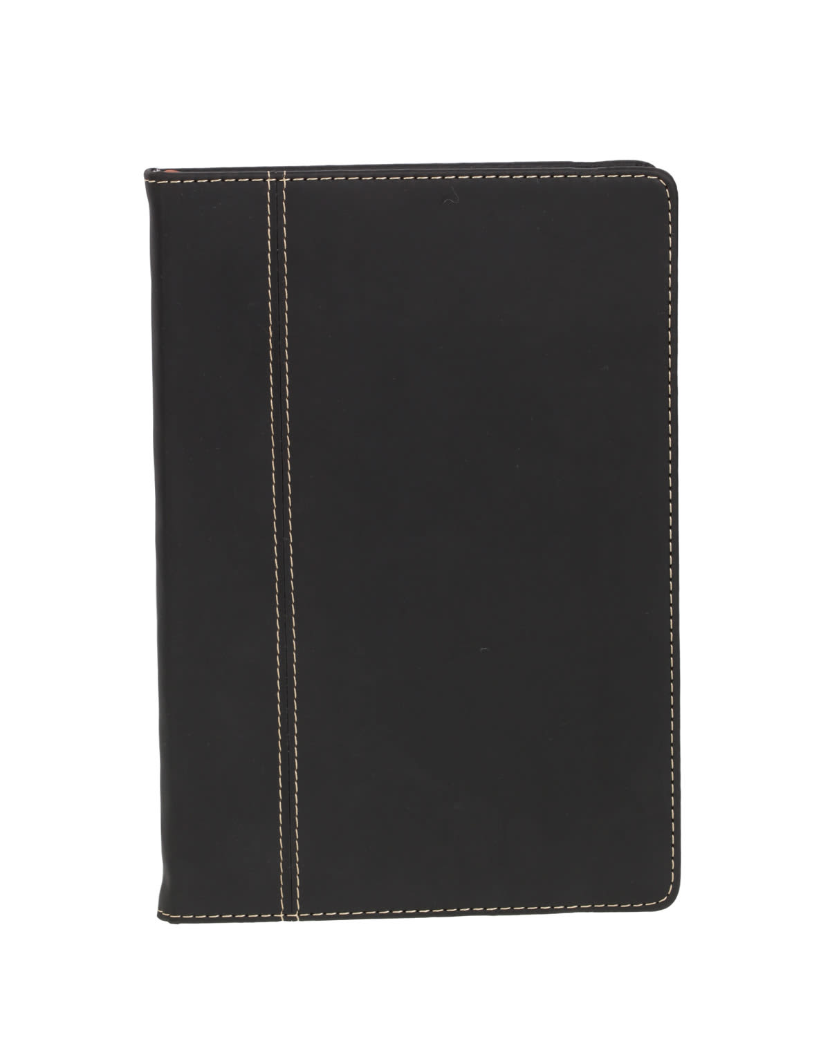 A black leather notebook or journal with cream stitching along the edges and a vertical line on the front cover. The notebook is closed, displaying a simple and elegant design on a white background.