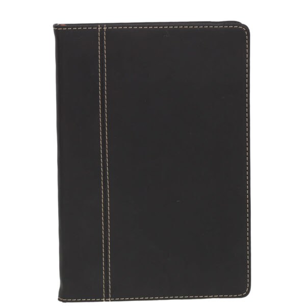A black leather-bound notebook with a vertical stitching pattern on the left side. The cover is plain and smooth, with beige stitching visible around the edges.