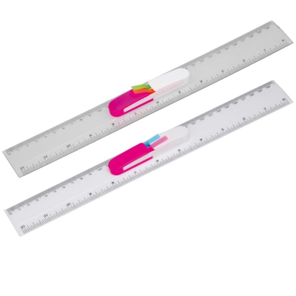 Two transparent plastic rulers with measurement markings. Each ruler has a removable, clip-on pen holder in pink and white, containing a green, blue, orange, and pink highlighter.