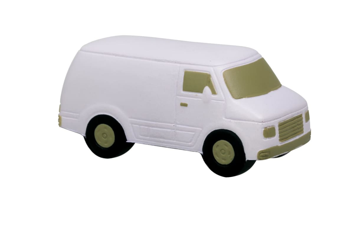 A white toy van with beige windows and black wheels, isolated on a white background.