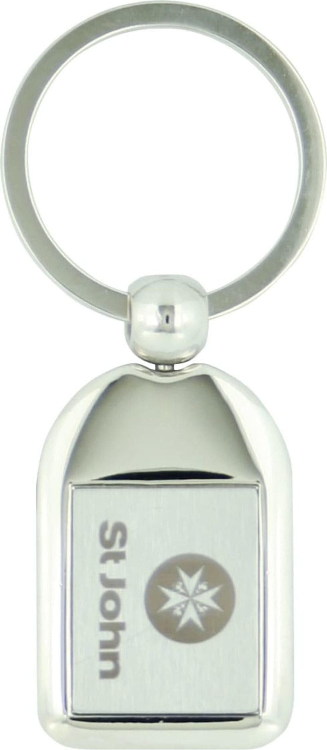 A metal keychain with a rectangular, rounded plaque featuring a star-like logo and the text s.t. dupont. The keyring is attached at the top, and the surface is polished and reflective.
