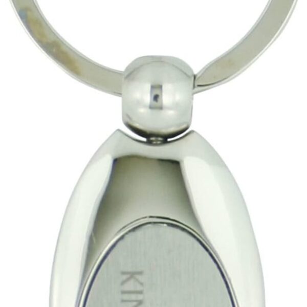 Silver oval keychain with a circular ring attached. The oval features an engraved logo and the text KINGSGATE HAMILTON.