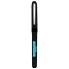 Black and silver pen with a clip and turquoise label on the body.
