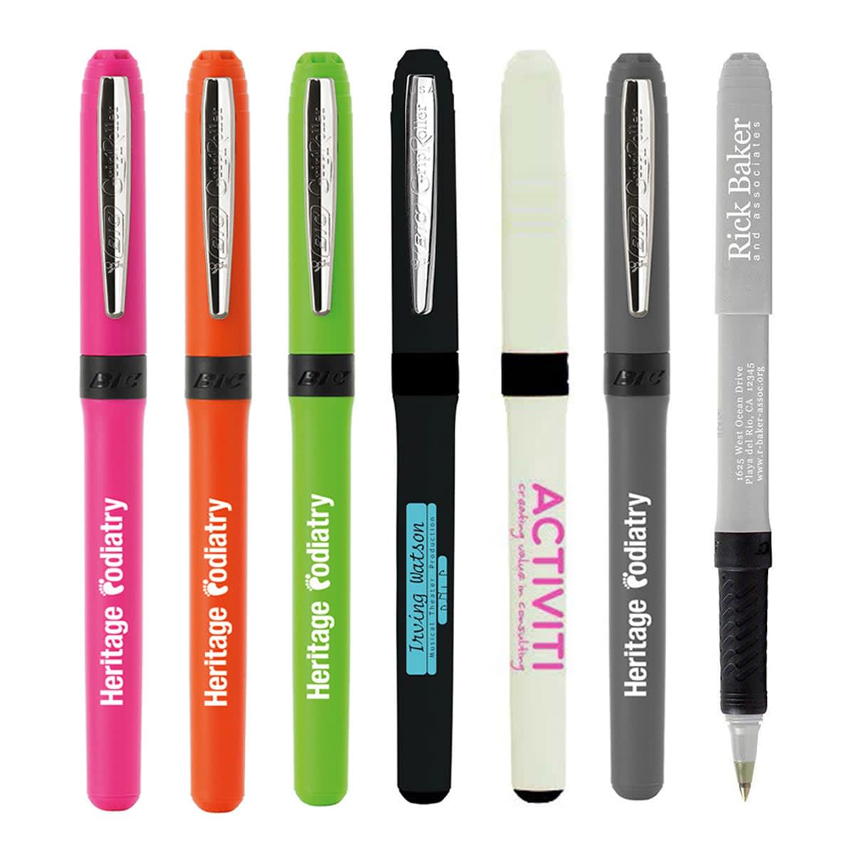 Seven colorful pens with various brand names, standing upright.