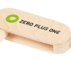 A wooden USB flash drive with a keychain attachment is shown. The cover has the text Zero Plus One and a green circular logo with a leaf symbol. The drive is partially opened to reveal the USB connector.