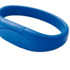 A blue silicone wristband with a smooth, oval-shaped face is shown. The design is simple and solid, with a flexible, rubber-like texture suitable for wearing on the wrist.